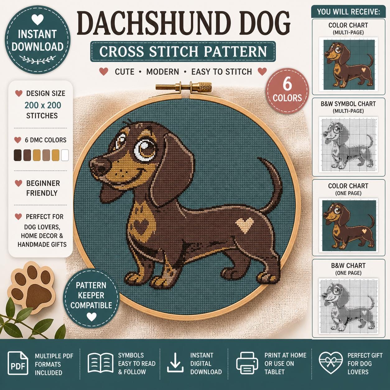 Dachshund Dog Cross Stitch Pattern PDF, Modern Sausage Dog Embroidery Chart (Digital Download) - Image 2