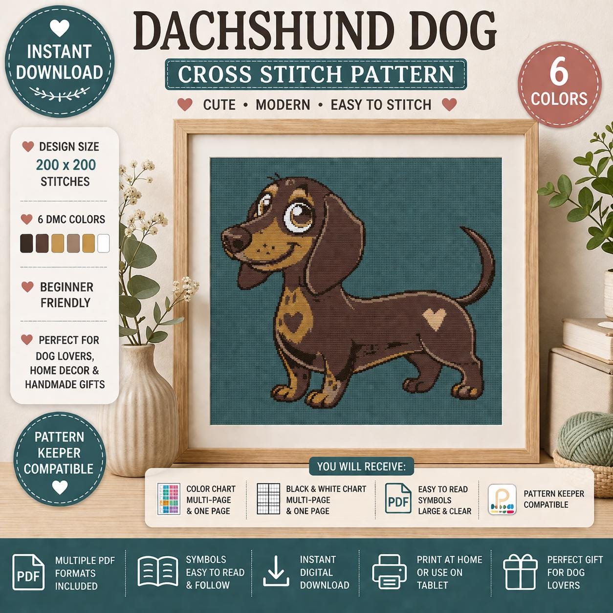 Dachshund Dog Cross Stitch Pattern PDF, Modern Sausage Dog Embroidery Chart (Digital Download) - Image 3