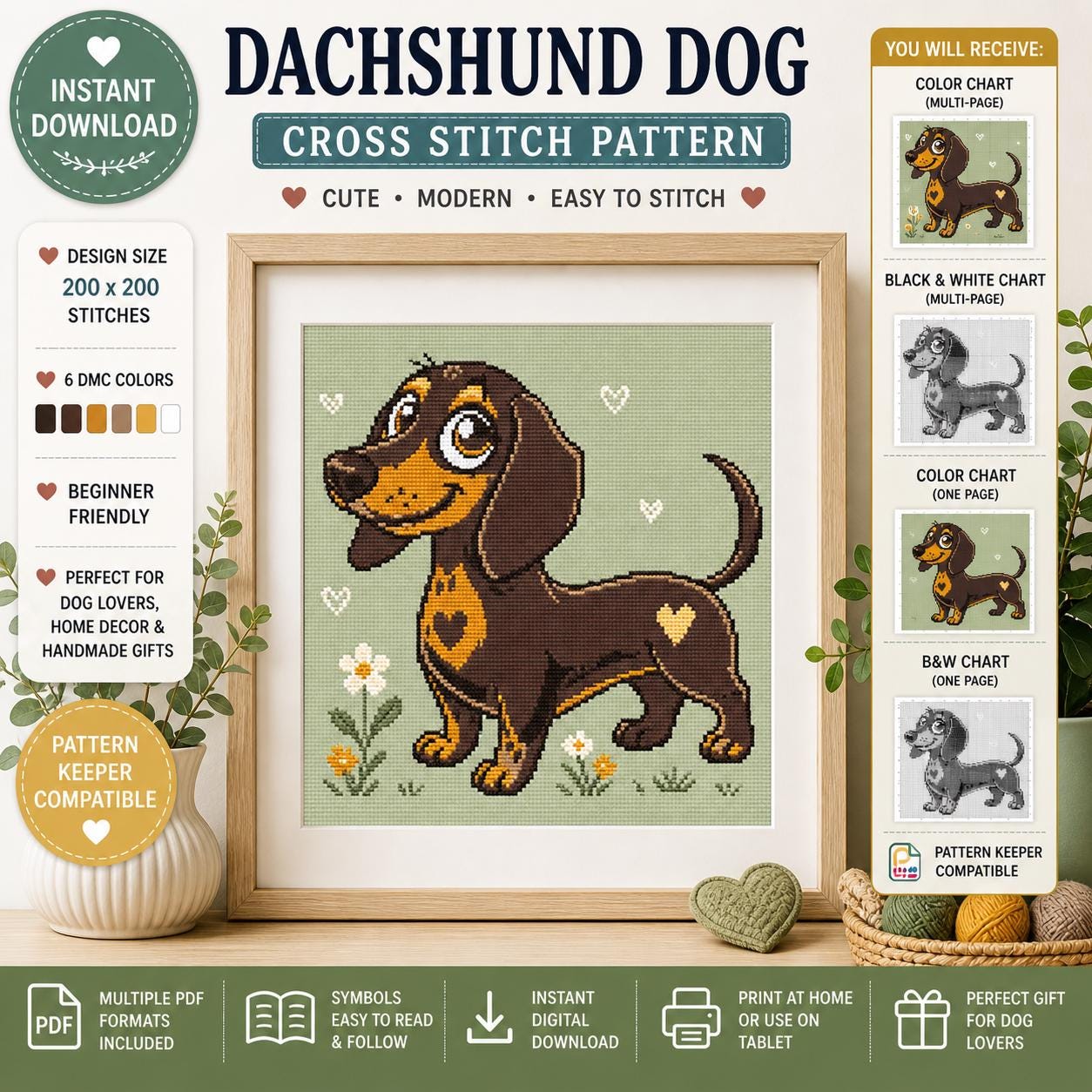Dachshund Dog Cross Stitch Pattern PDF, Modern Sausage Dog Embroidery Chart (Digital Download) - Image 6