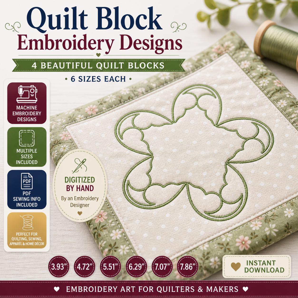 Quilt Block Embroidery Designs Bundle, 4 Quilting Motifs, Machine Embroidery Files (Digital Download) - Image 4