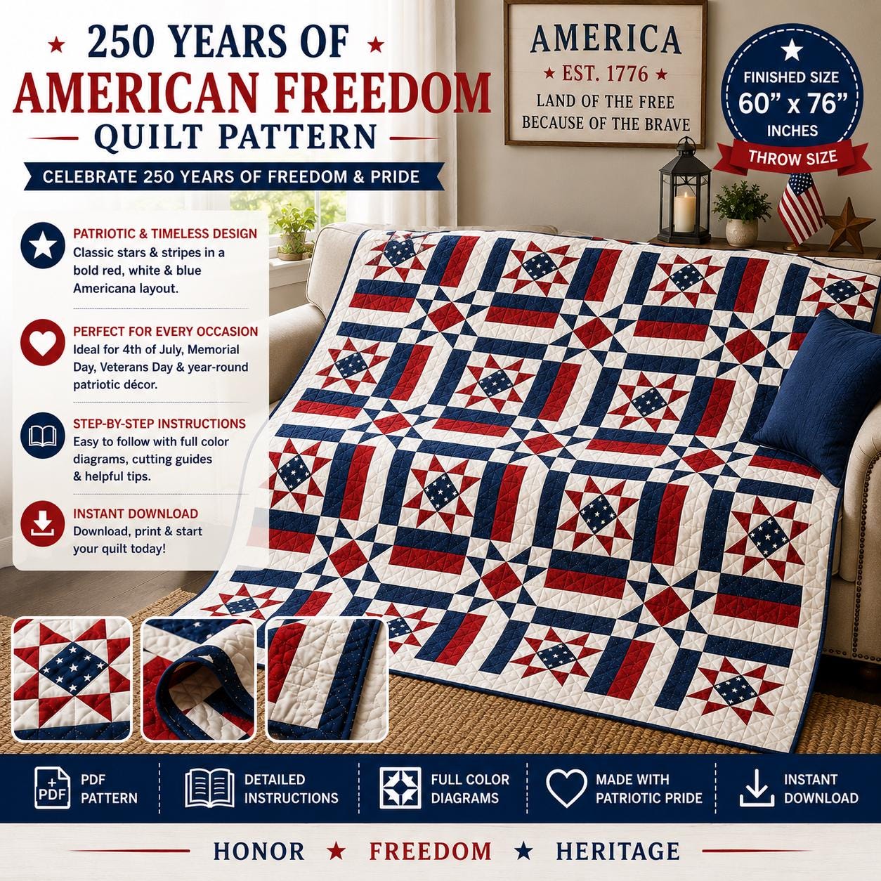 250 Years American Freedom Quilt Pattern, Red White Blue Patriotic Stars (PDF Download) - Image 6