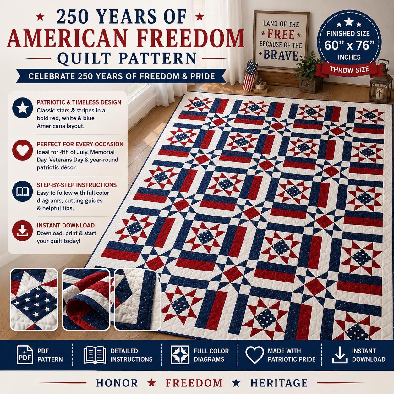 250 Years American Freedom Quilt Pattern, Red White Blue Patriotic Stars (PDF Download) - Image 7