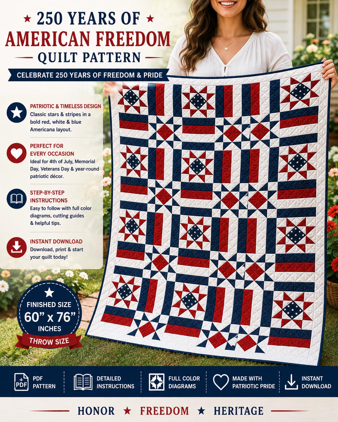 250 Years American Freedom Quilt Pattern, Red White Blue Patriotic Stars (PDF Download) - Image 3