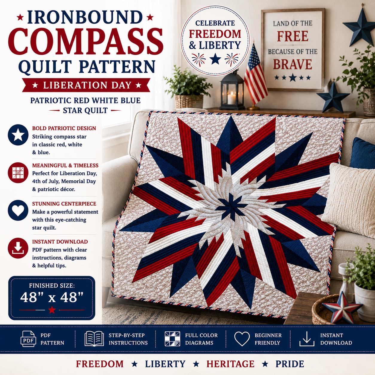 Ironbound Compass Quilt Pattern – Liberation Day - Patriotic Red White Blue Star Quilt PDF - Image 4