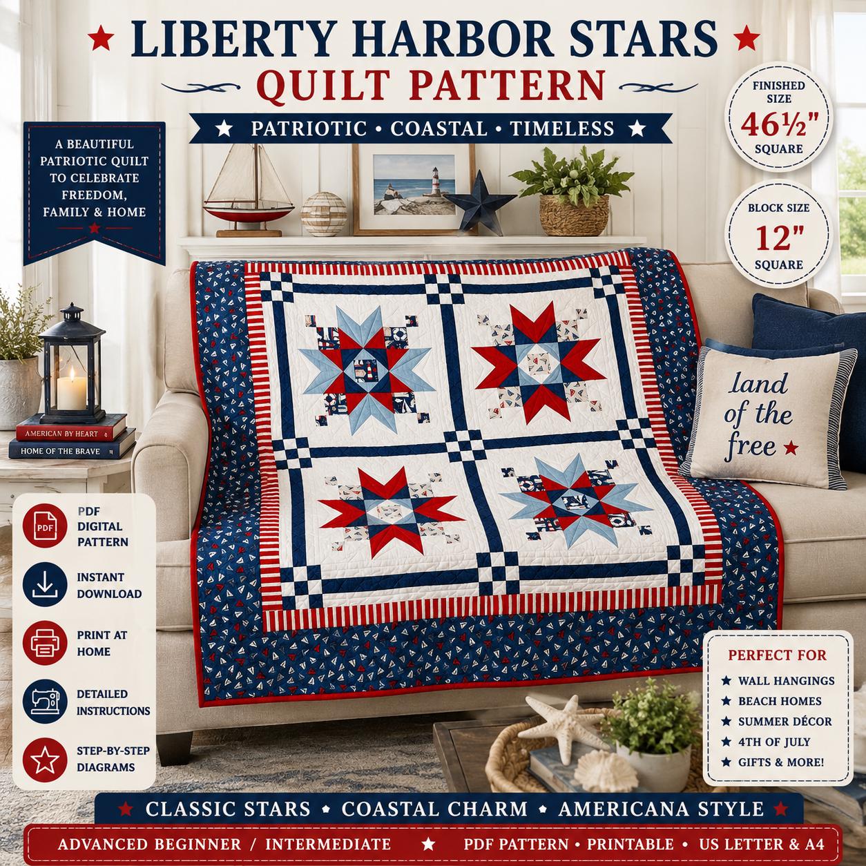 Liberty Harbor Stars Quilt Pattern, Patriotic Coastal Americana Wall Hanging , Nautical Design (PDF Download) - Image 6