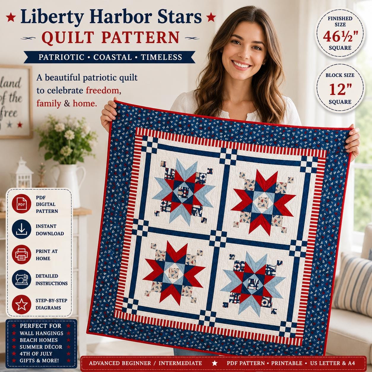Liberty Harbor Stars Quilt Pattern, Patriotic Coastal Americana Wall Hanging , Nautical Design (PDF Download) - Image 3