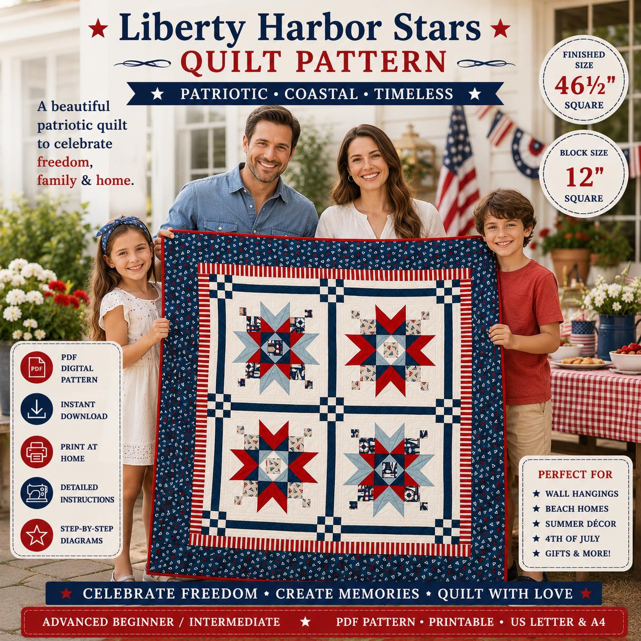 Liberty Harbor Stars Quilt Pattern, Patriotic Coastal Americana Wall Hanging , Nautical Design (PDF Download)