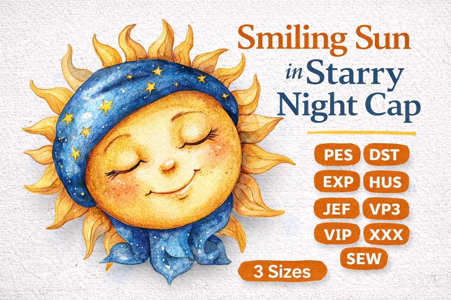 Smiling Sun in Starry Night Cap Embroidery Design | Celestial Nursery Baby | Machine File (Digital Download) - Image 2