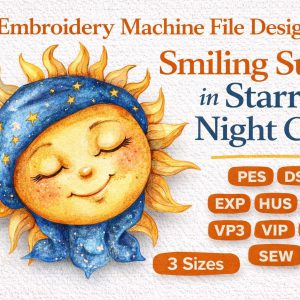 Smiling Sun in Starry Night Cap Embroidery Design | Celestial Nursery Baby | Machine File (Digital Download)