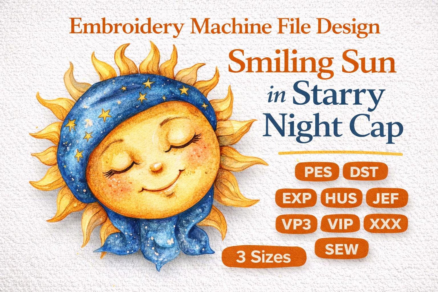 Smiling Sun in Starry Night Cap Embroidery Design | Celestial Nursery Baby | Machine File (Digital Download)