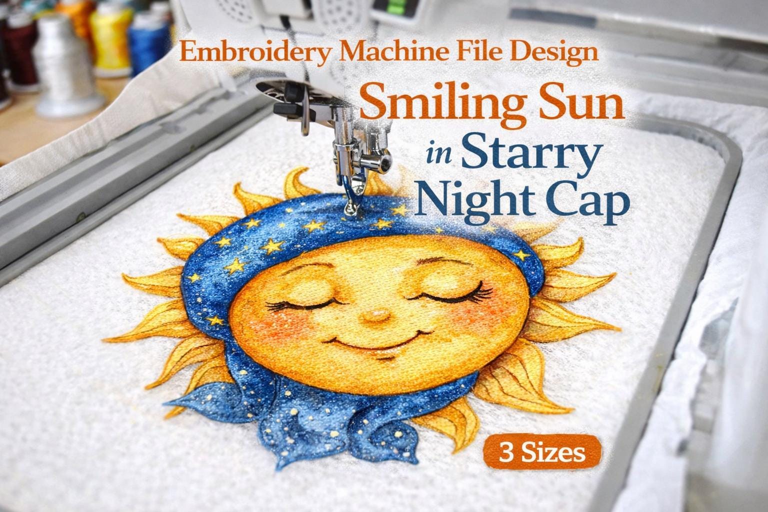 Smiling Sun in Starry Night Cap Embroidery Design | Celestial Nursery Baby | Machine File (Digital Download) - Image 3