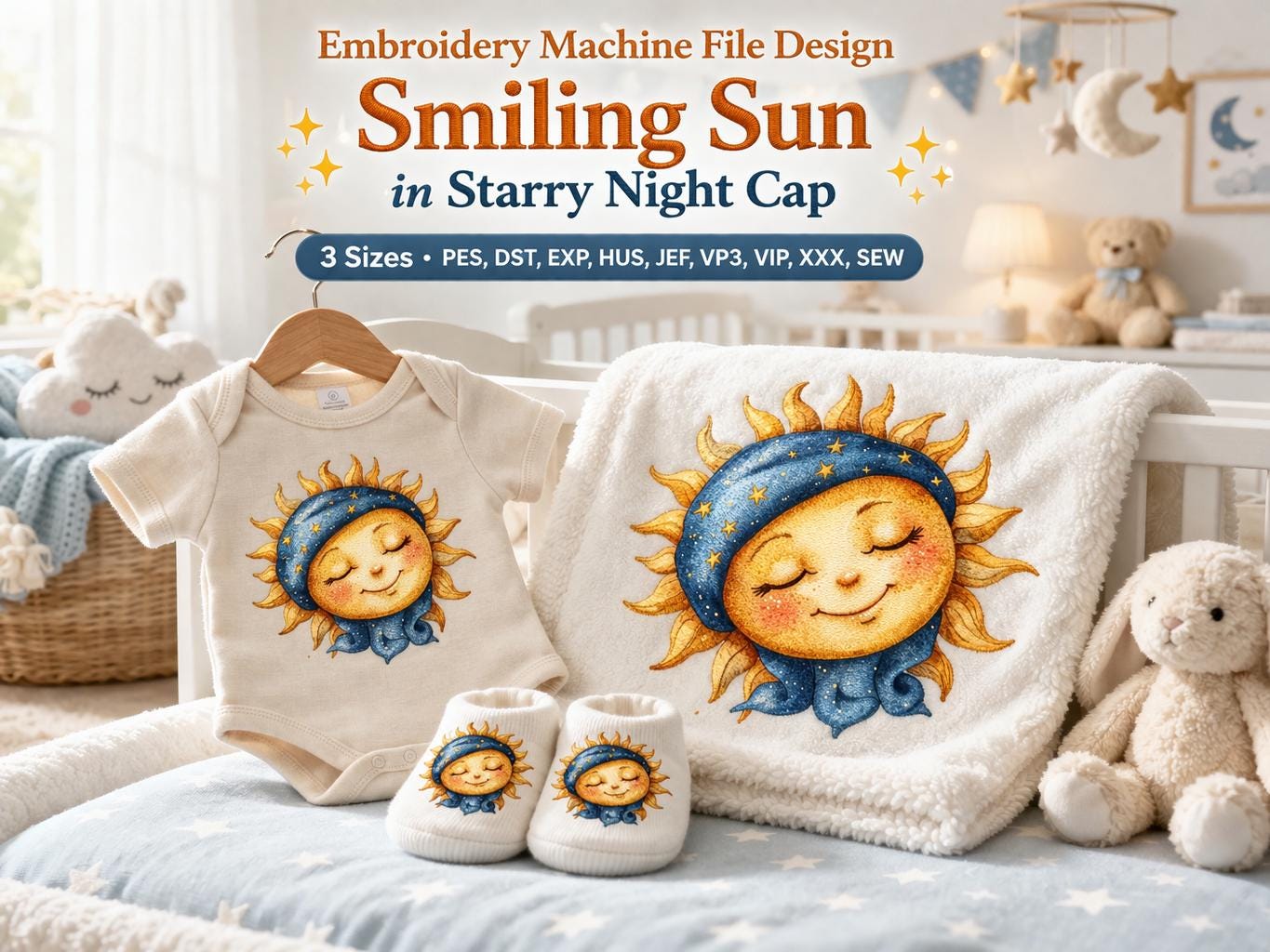 Smiling Sun in Starry Night Cap Embroidery Design | Celestial Nursery Baby | Machine File (Digital Download) - Image 4