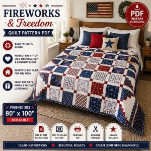 Fireworks & Freedom Quilt Pattern PDF, Patriotic Patchwork Quilt , Americana Quilt Pattern, Red White Blue Quilt, 80x100 Throw Bed Quilt