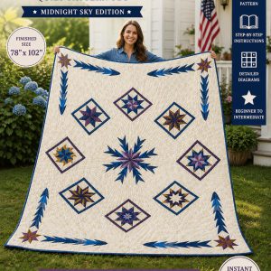 Liberty Compass Stars Quilt Pattern, Midnight Sky Edition, Patriotic Americana Bed Quilt (PDF Download)