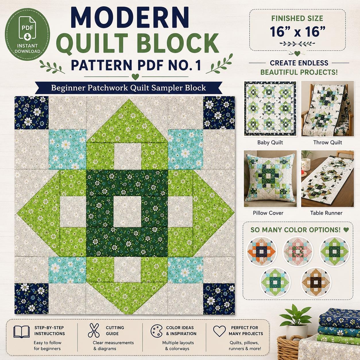 Flying Geese Quilt Block Pattern, Modern Beginner Patchwork PDF (Digital Download) - Image 9