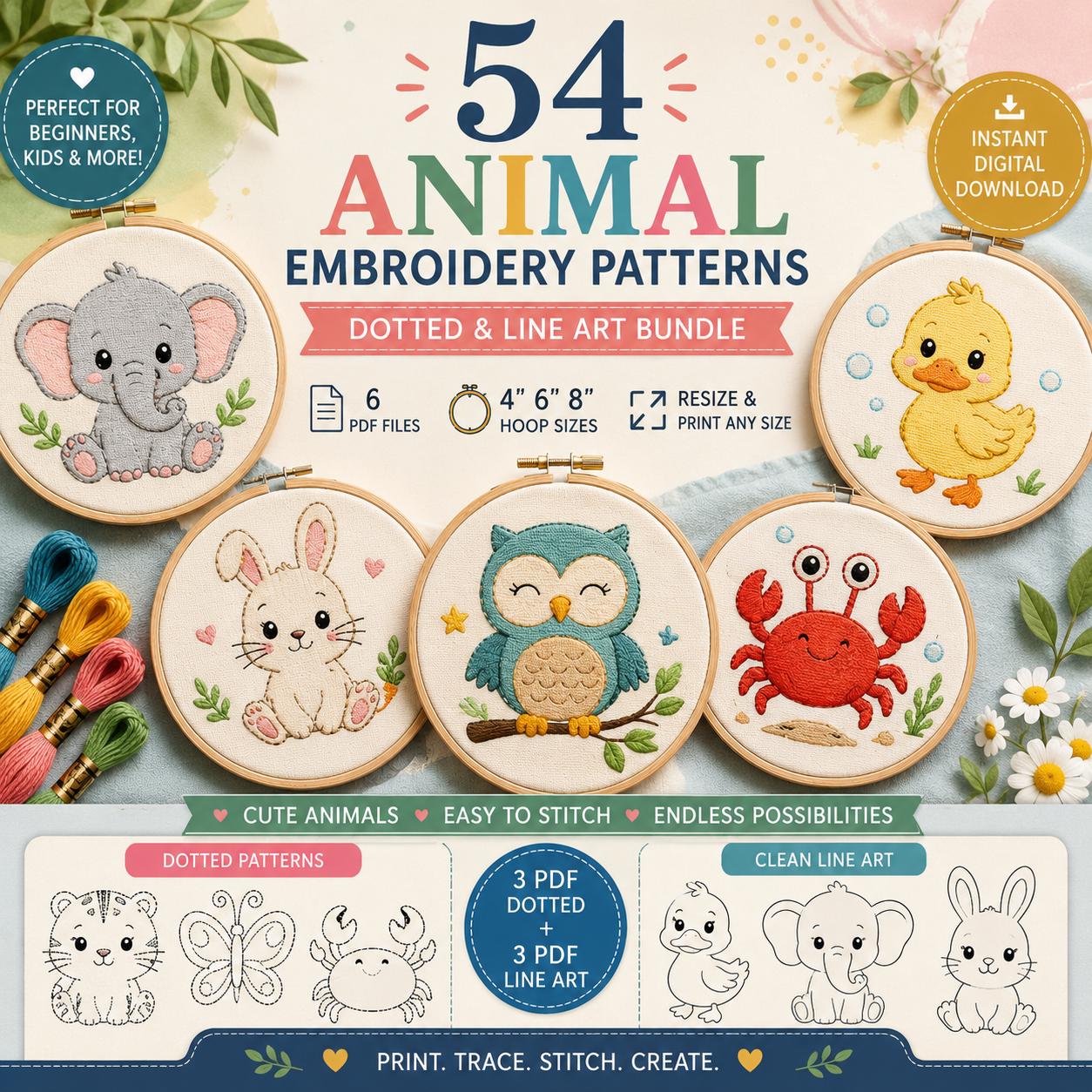 54 Animal Hand Embroidery Patterns Bundle, Dotted & Line Art Stitch Templates (PDF Digital Download) - Image 2