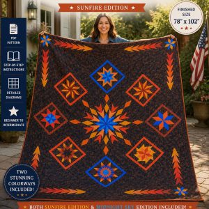 Liberty Compass Stars Quilt Pattern, Sunfire Edition, Patriotic Americana Bed Quilt (PDF Download)