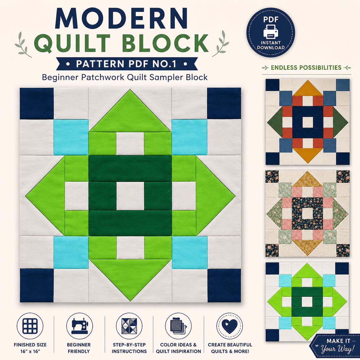 Flying Geese Quilt Block Pattern, Modern Beginner Patchwork PDF (Digital Download) - Image 2