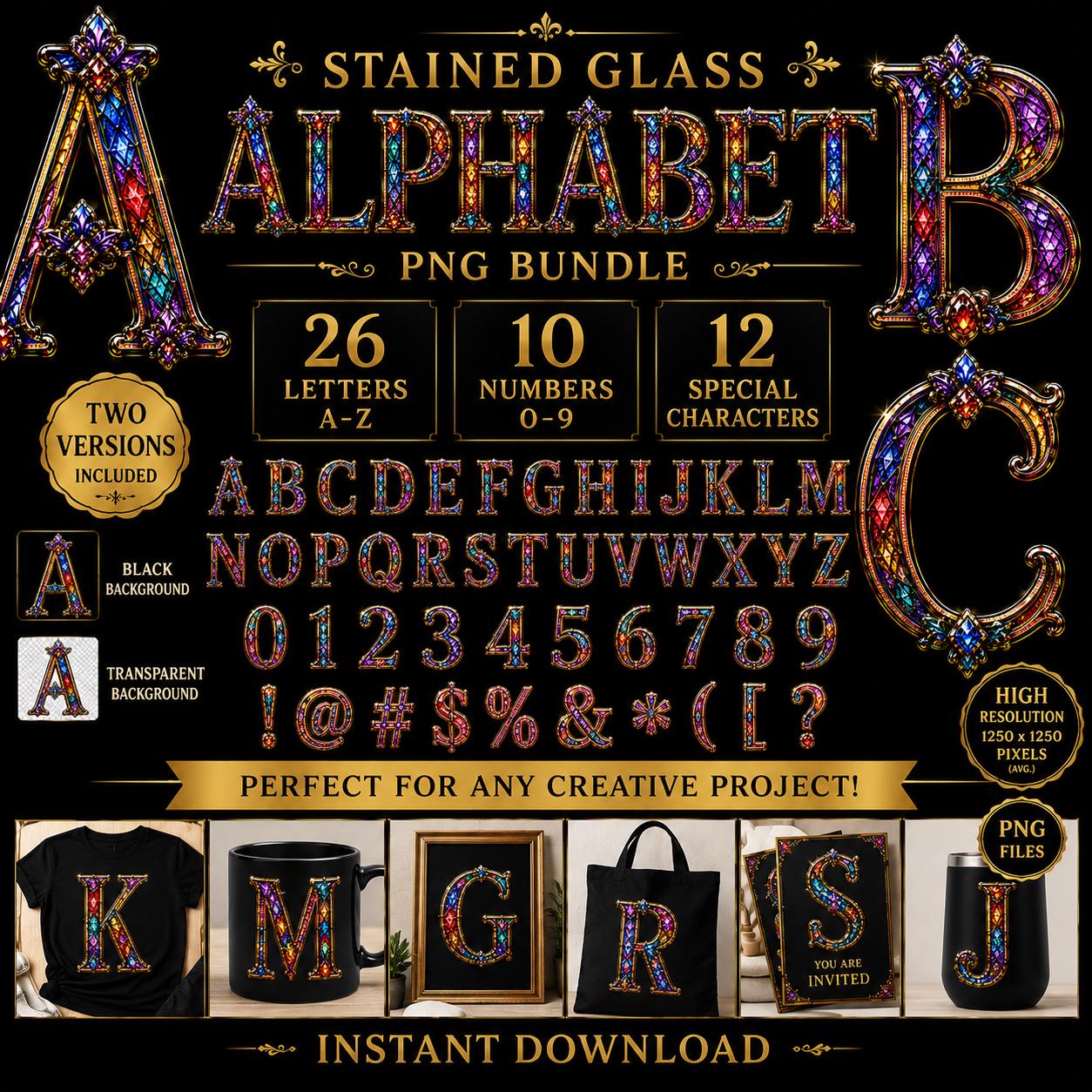 Stained Glass Alphabet PNG Bundle, Gothic Jewel Font, Ornate Digital Clipart (Black & Transparent Background) - Image 3