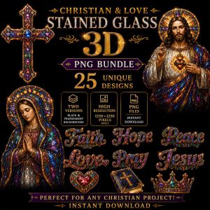 Christian Stained Glass 3D PNG Bundle, Jesus Cross Faith Love Art (Digital Download)