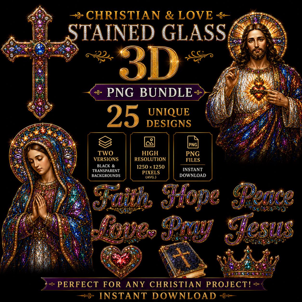 Christian Stained Glass 3D PNG Bundle, Jesus Cross Faith Love Art (Digital Download)
