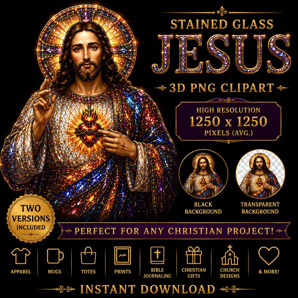 Christian Stained Glass 3D PNG Bundle, Jesus Cross Faith Love Art (Digital Download) - Image 14
