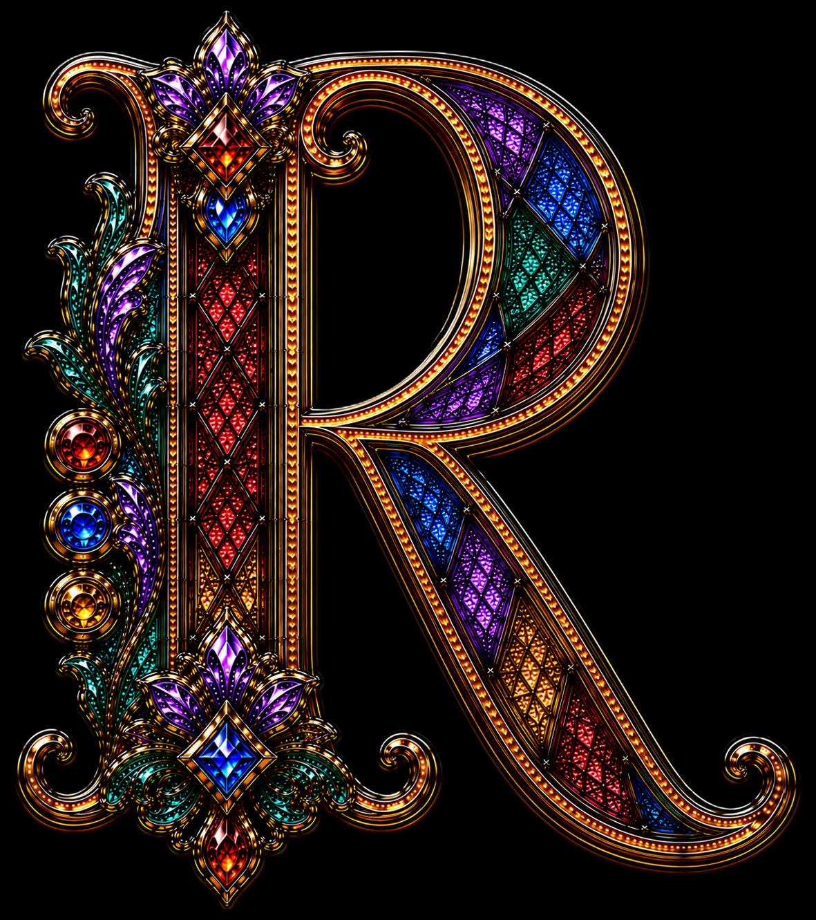 Stained Glass Alphabet PNG Bundle, Gothic Jewel Font, Ornate Digital Clipart (Black & Transparent Background) - Image 11