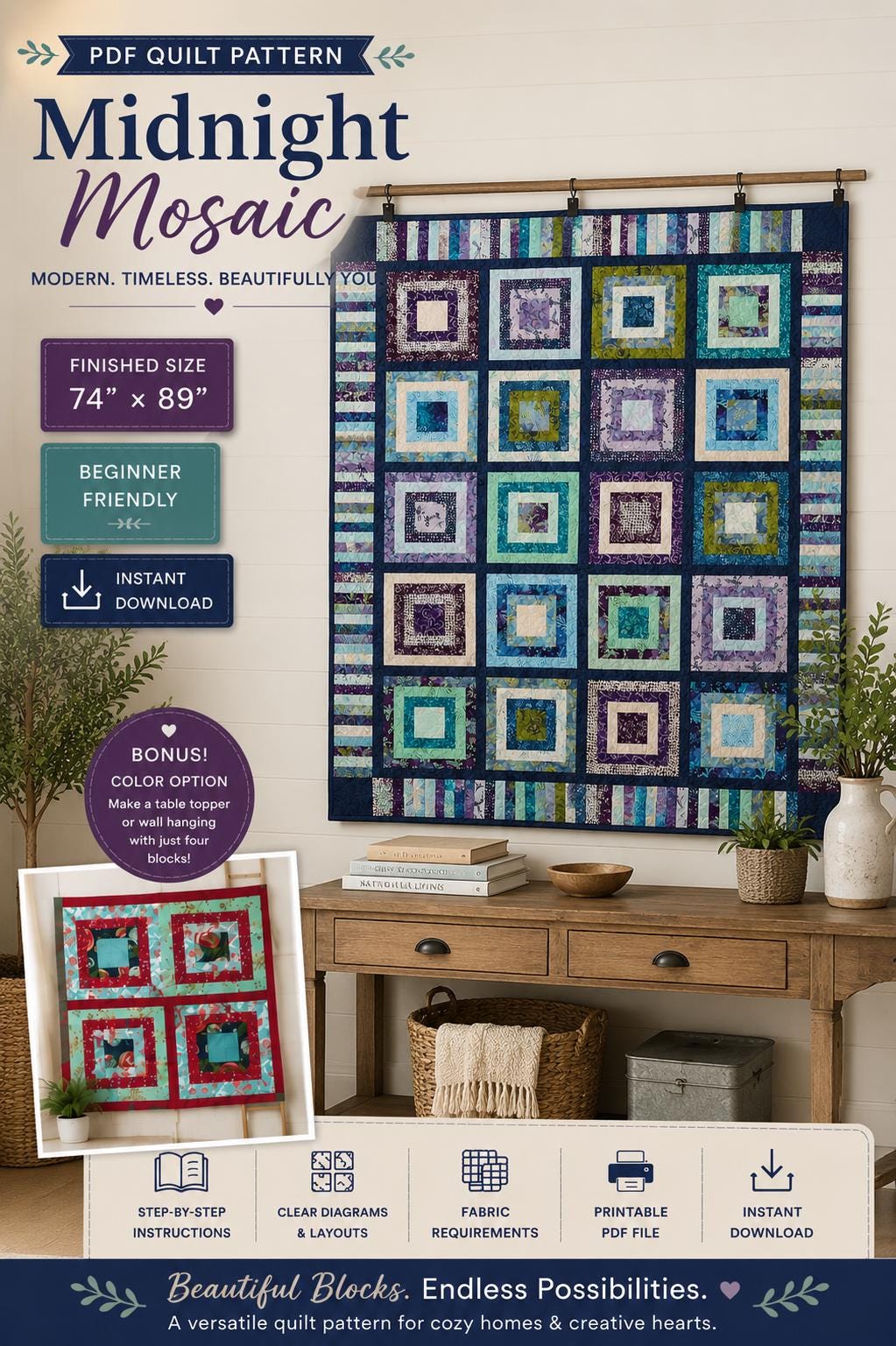 Midnight Mosaic Quilt Pattern, Beginner Friendly Modern Patchwork Throw Quilt (PDF Download) - Image 10