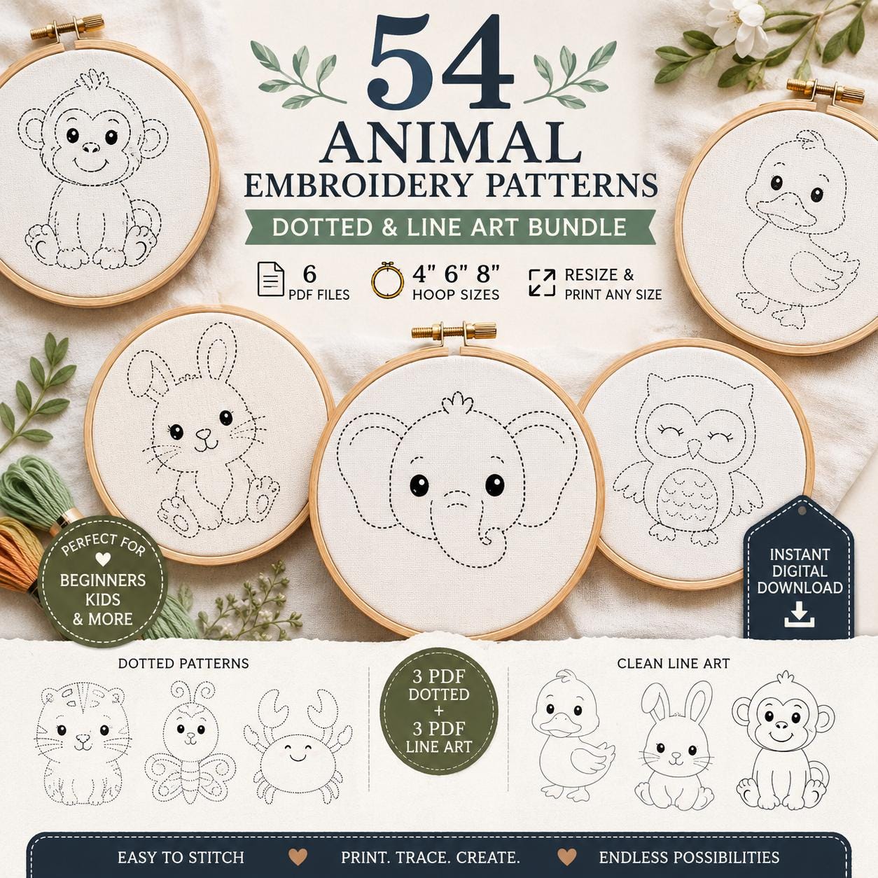 54 Animal Hand Embroidery Patterns Bundle, Dotted & Line Art Stitch Templates (PDF Digital Download)