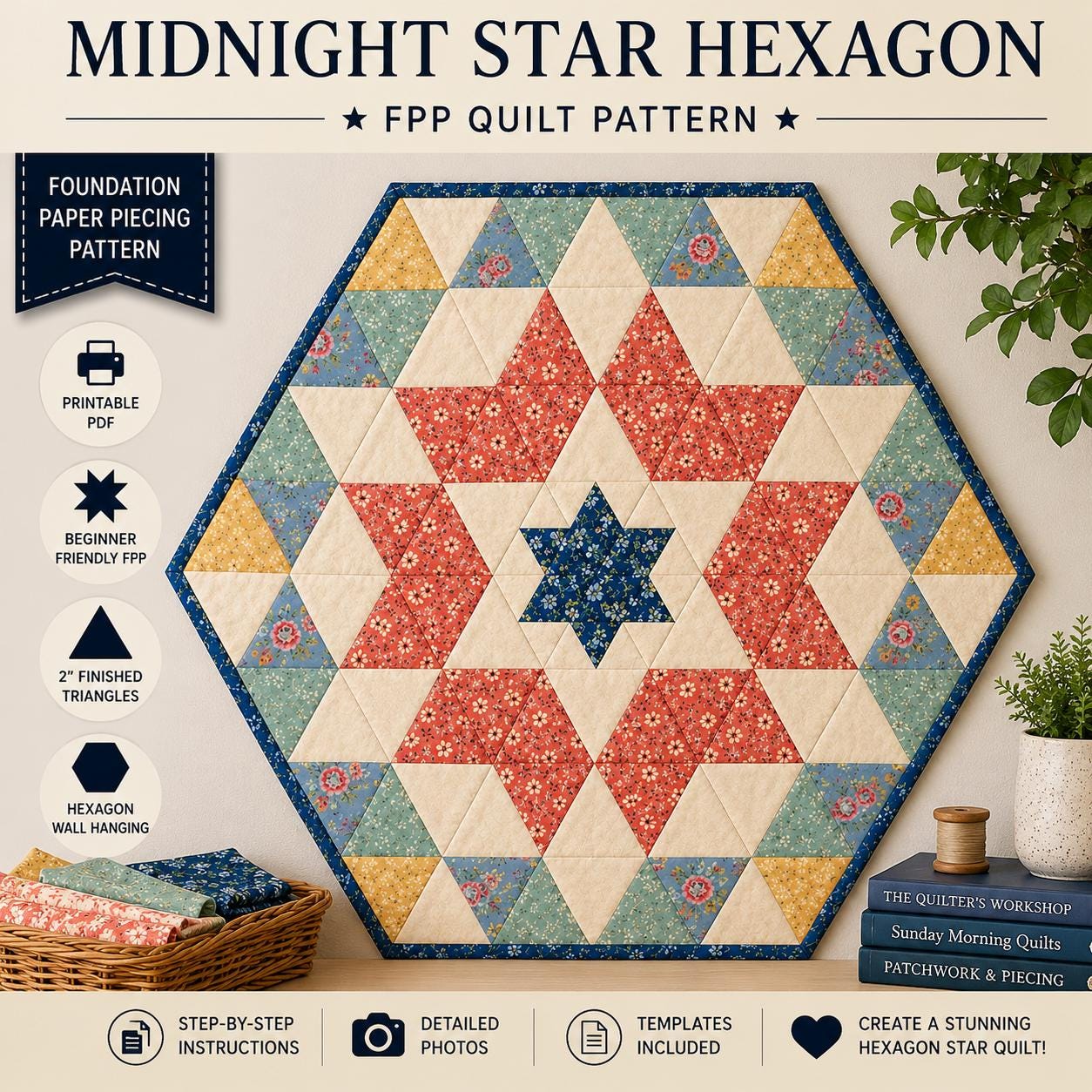 Midnight Star Hexagon Quilt Pattern, Modern Wall Hanging | Foundation Paper Piecing (PDF Download)