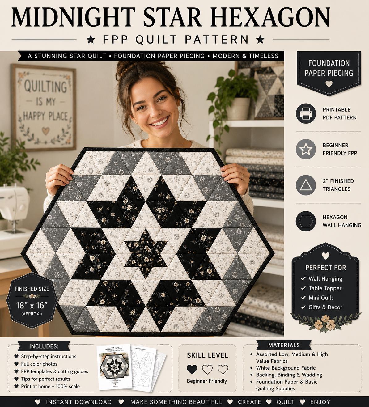 Midnight Star Hexagon Quilt Pattern, Modern Wall Hanging | Foundation Paper Piecing (PDF Download) - Image 2
