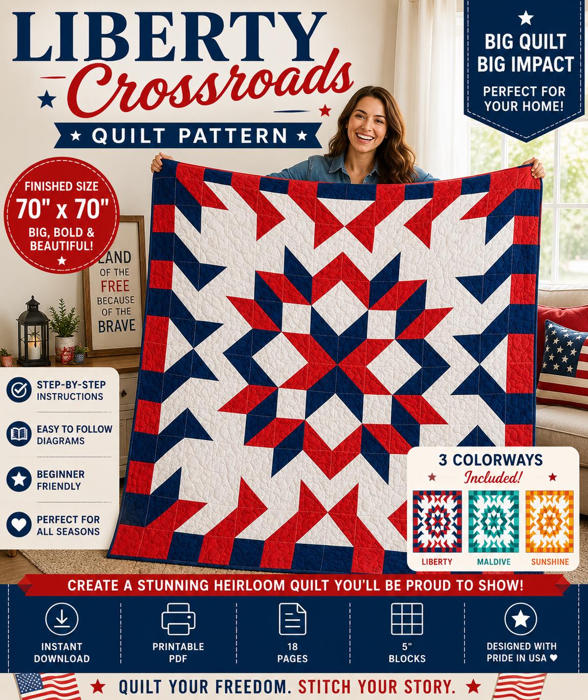 Crossroads Star Quilt Pattern, Modern Geometric Throw, 70" x 70" Patchwork, Beginner Friendly PDF - Image 9