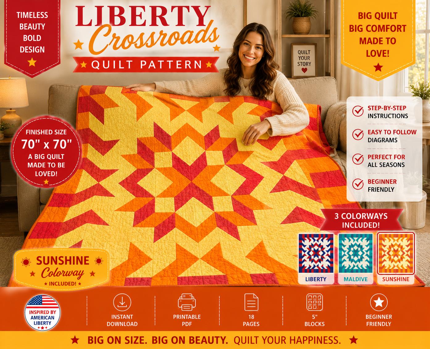 Crossroads Star Quilt Pattern, Modern Geometric Throw, 70" x 70" Patchwork, Beginner Friendly PDF - Image 19
