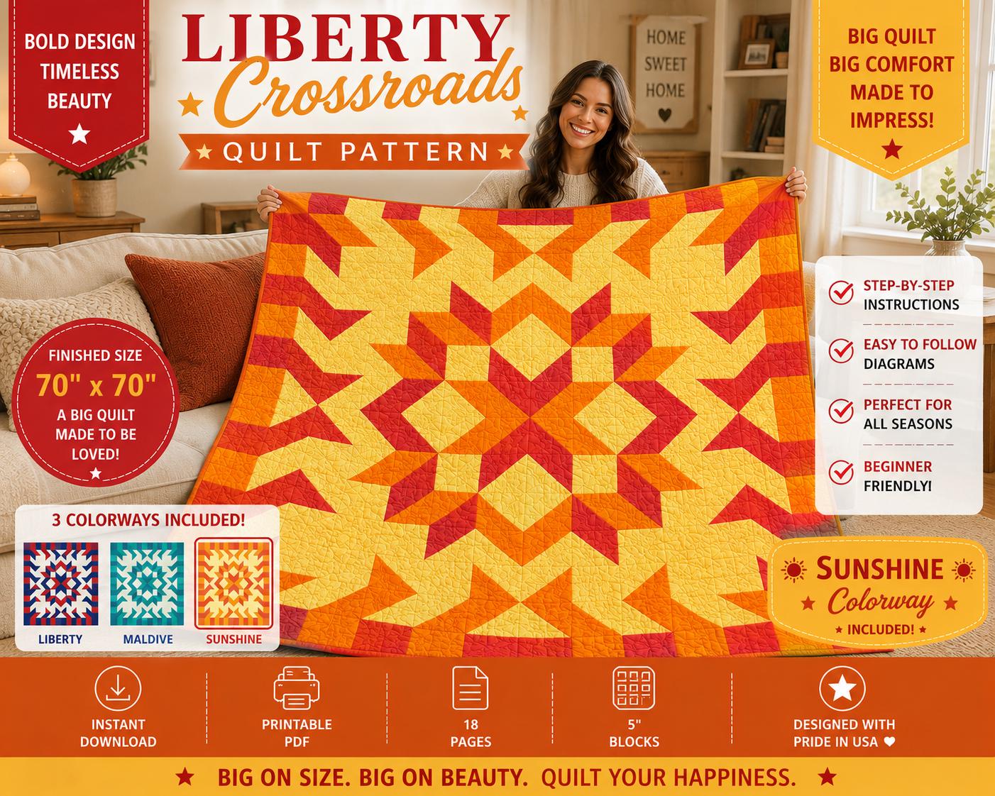 Crossroads Star Quilt Pattern, Modern Geometric Throw, 70" x 70" Patchwork, Beginner Friendly PDF - Image 18