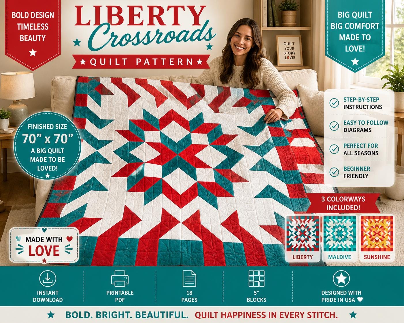 Crossroads Star Quilt Pattern, Modern Geometric Throw, 70" x 70" Patchwork, Beginner Friendly PDF - Image 20