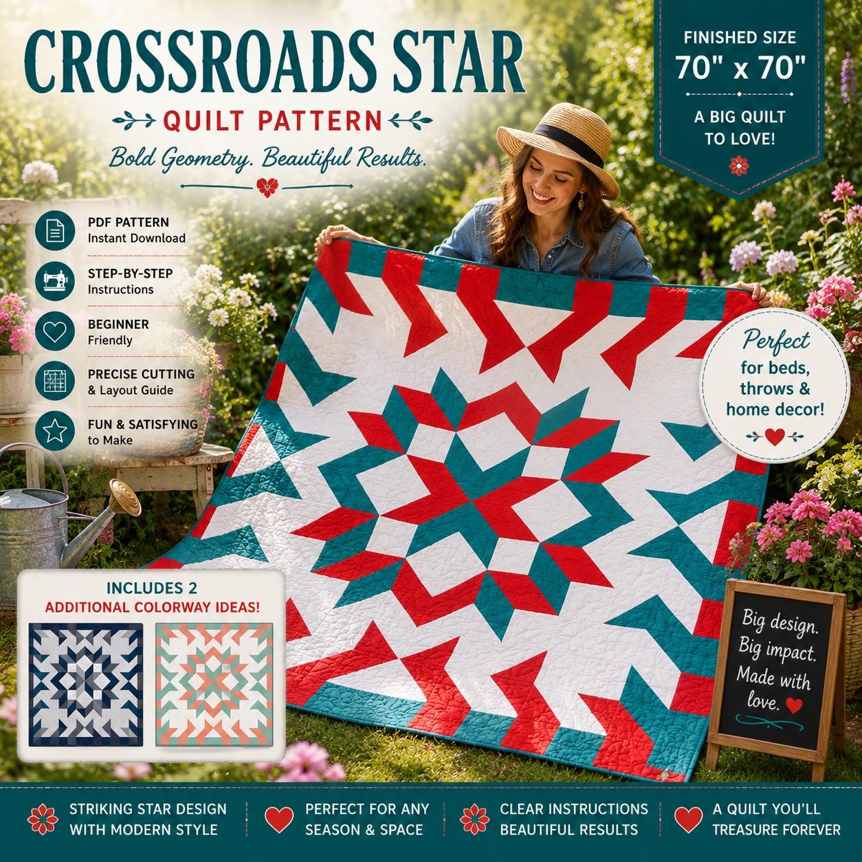 Crossroads Star Quilt Pattern, Modern Geometric Throw, 70" x 70" Patchwork, Beginner Friendly PDF - Image 4