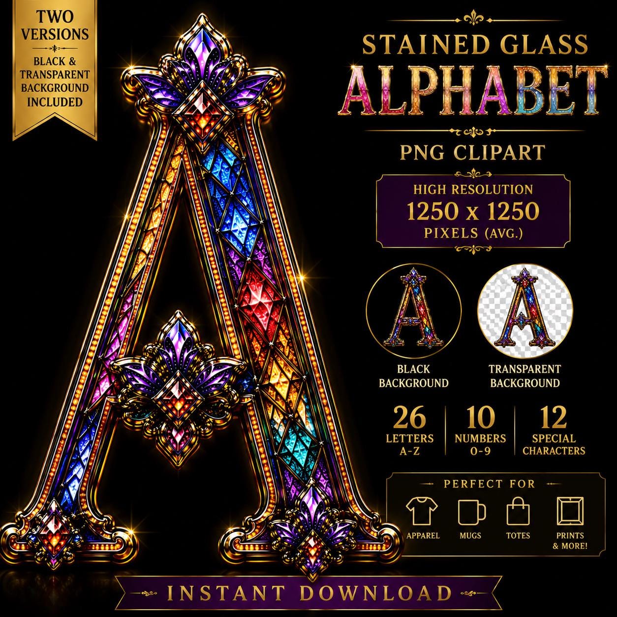 Stained Glass Alphabet PNG Bundle, Gothic Jewel Font, Ornate Digital Clipart (Black & Transparent Background) - Image 2