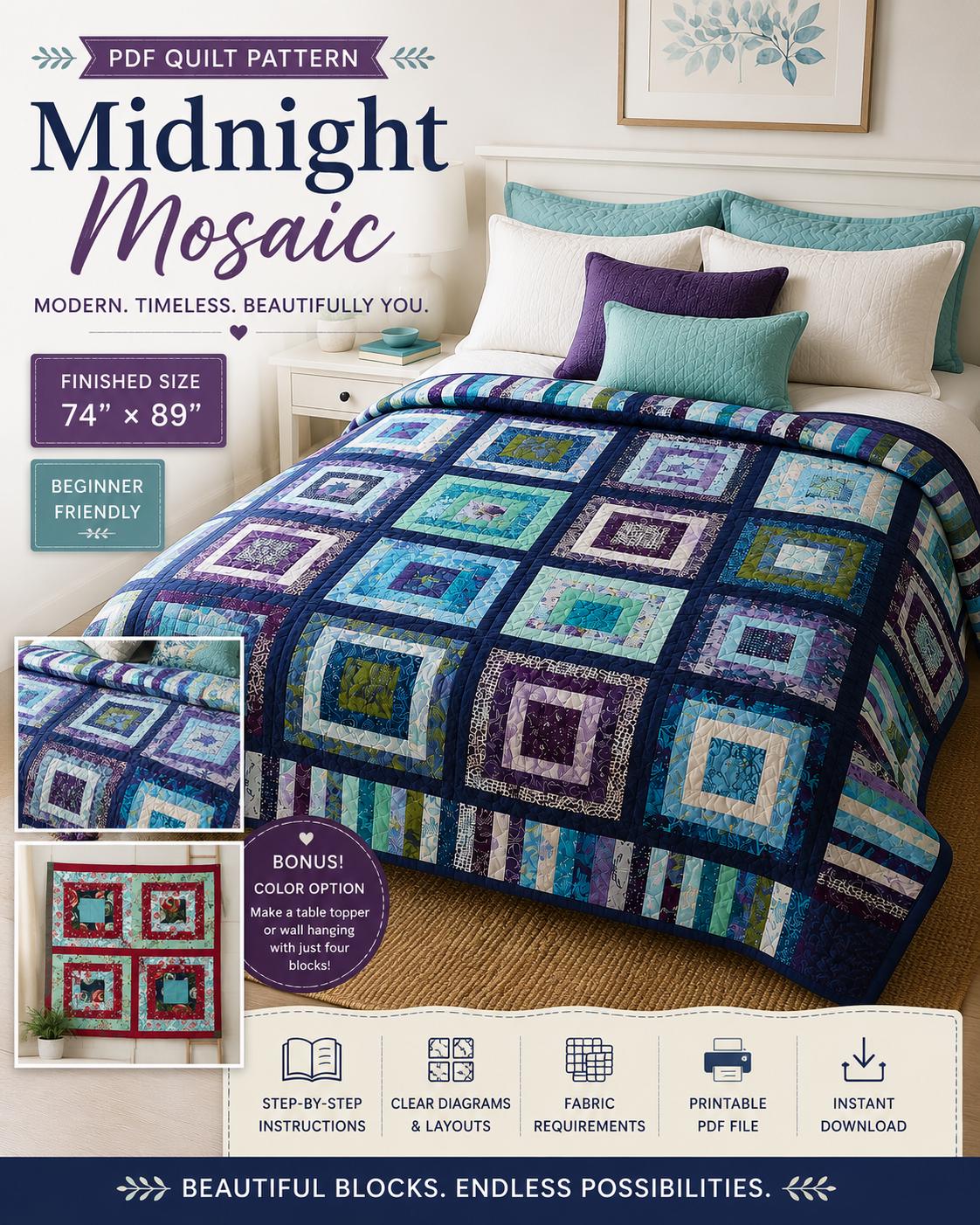 Midnight Mosaic Quilt Pattern, Beginner Friendly Modern Patchwork Throw Quilt (PDF Download) - Image 5