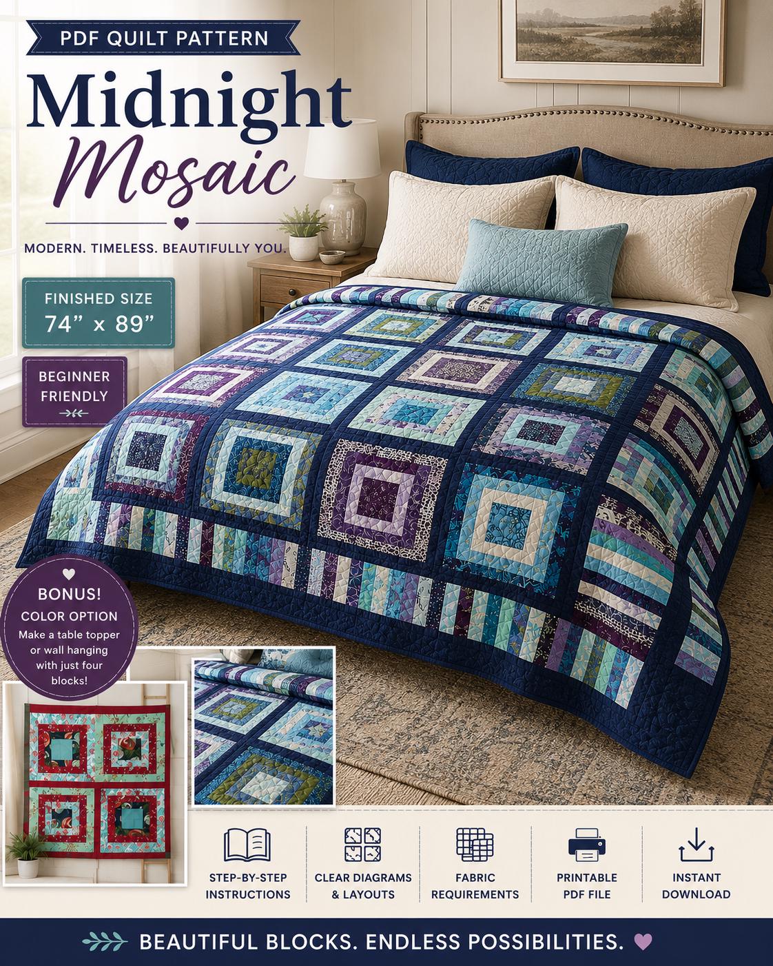 Midnight Mosaic Quilt Pattern, Beginner Friendly Modern Patchwork Throw Quilt (PDF Download)