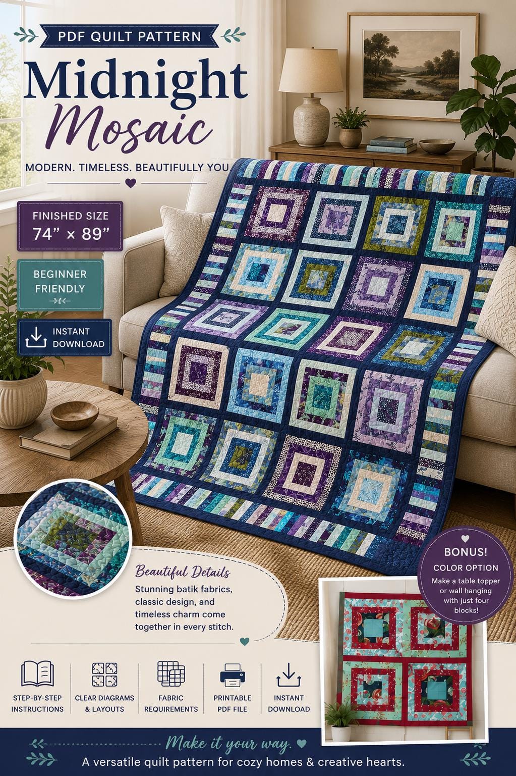 Midnight Mosaic Quilt Pattern, Beginner Friendly Modern Patchwork Throw Quilt (PDF Download) - Image 2