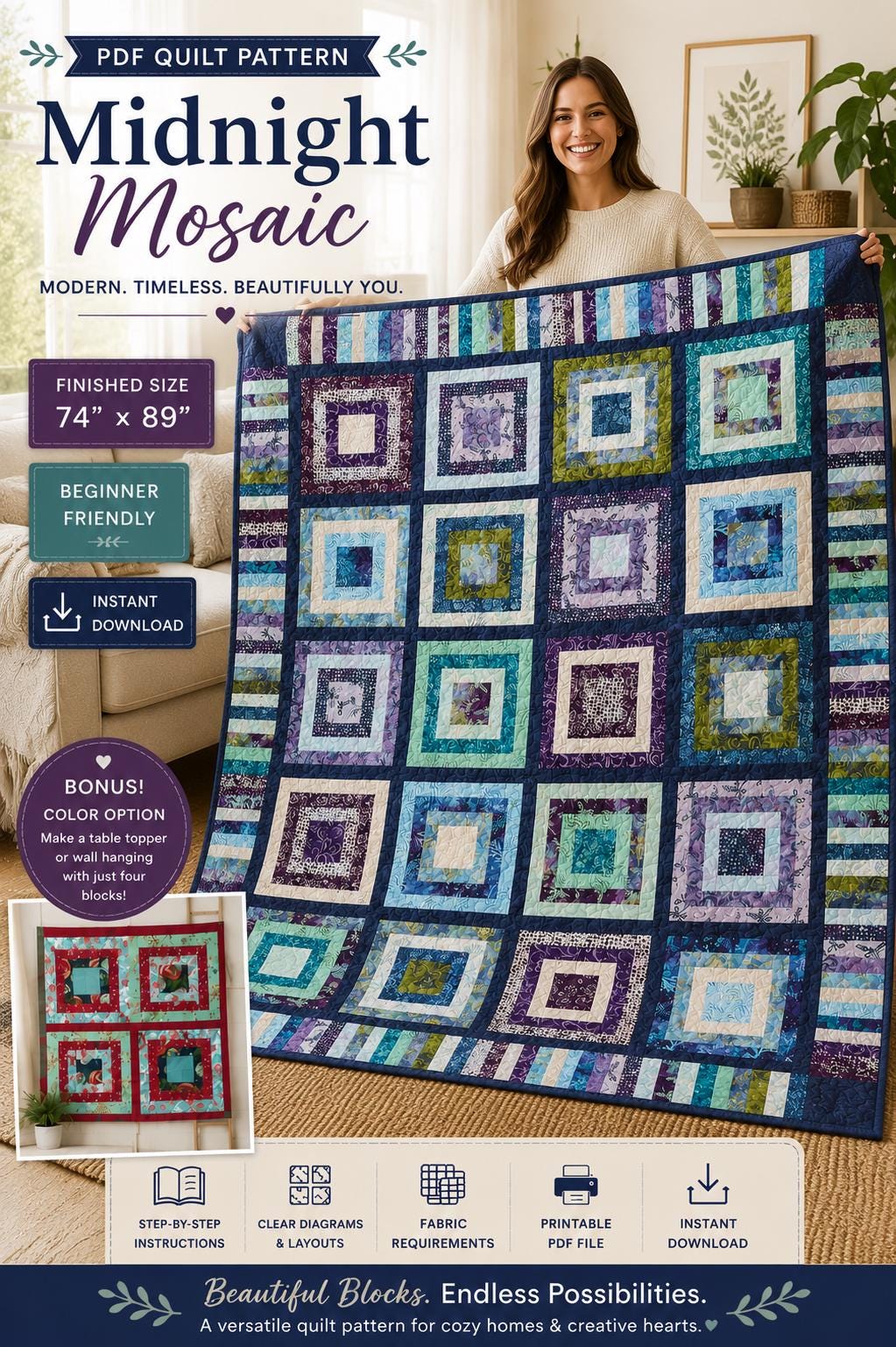 Midnight Mosaic Quilt Pattern, Beginner Friendly Modern Patchwork Throw Quilt (PDF Download) - Image 3