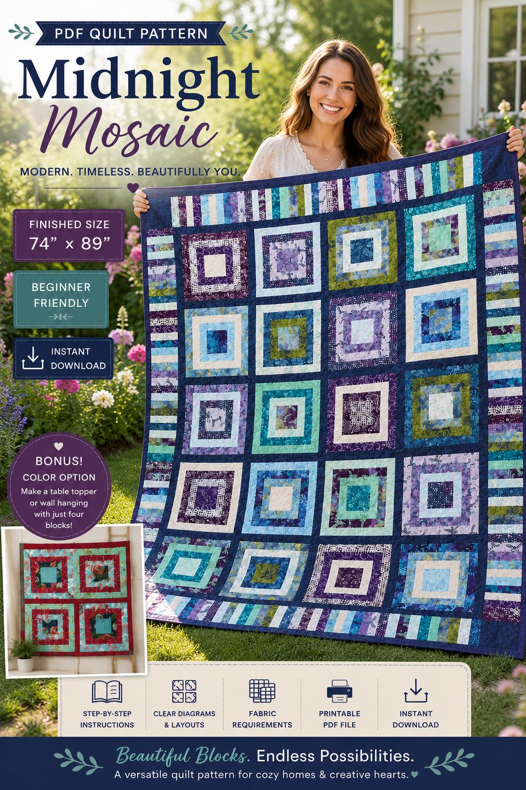 Midnight Mosaic Quilt Pattern, Beginner Friendly Modern Patchwork Throw Quilt (PDF Download) - Image 6