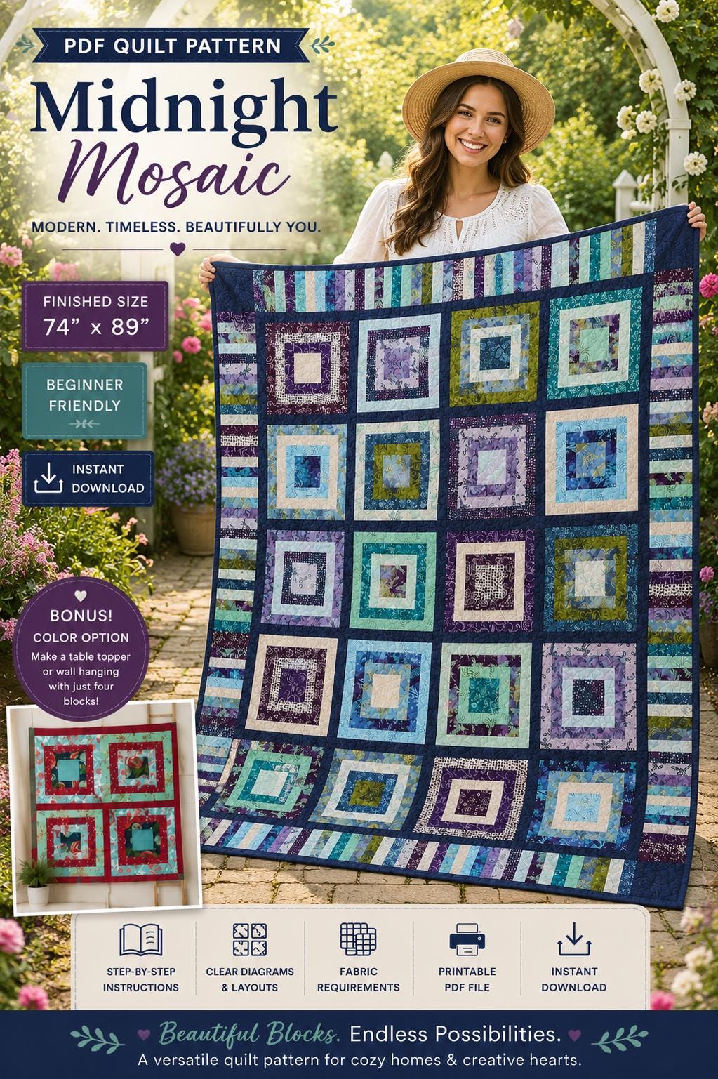 Midnight Mosaic Quilt Pattern, Beginner Friendly Modern Patchwork Throw Quilt (PDF Download) - Image 9