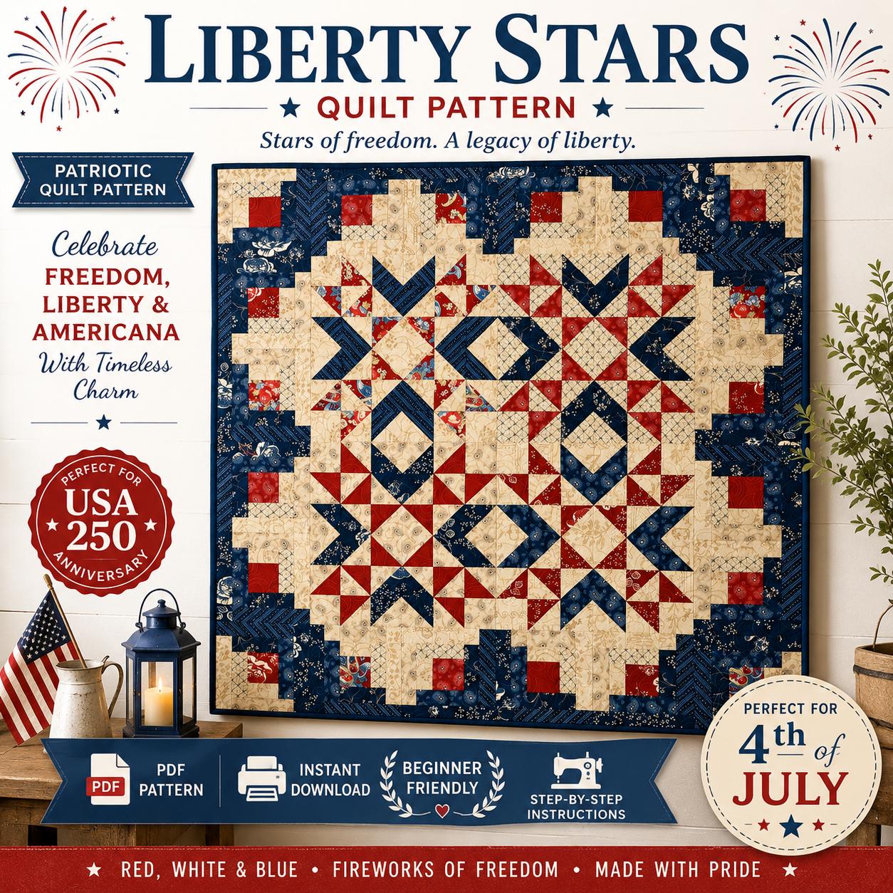Liberty Stars Quilt Pattern, Patriotic Americana Star Blocks (PDF Download) - Image 10