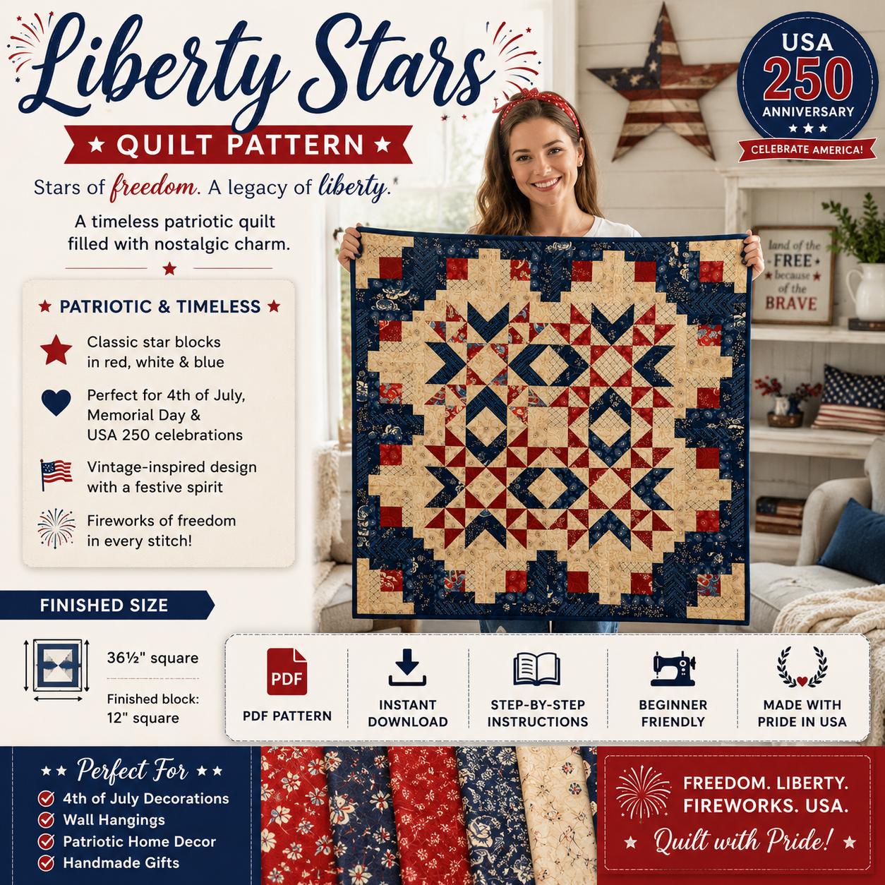 Liberty Stars Quilt Pattern, Patriotic Americana Star Blocks (PDF Download)