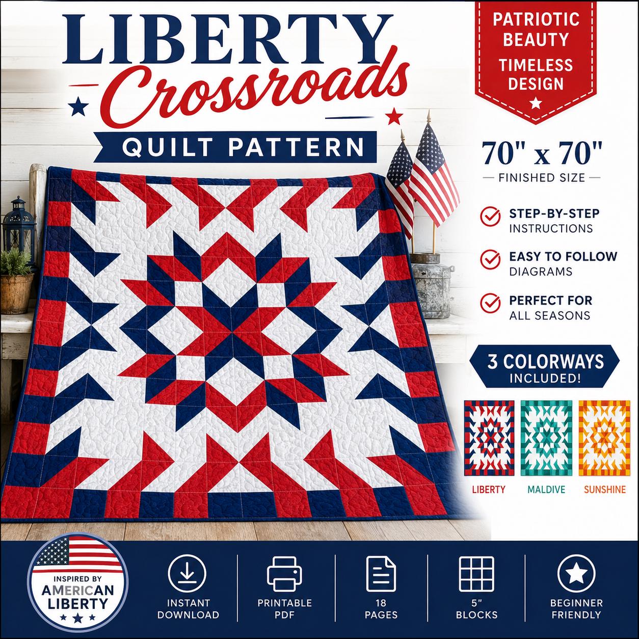 Liberty Crossroads Quilt Pattern | Patriotic Starburst HST Throw (70"x70") | 3 colorways (PDF Download) - Image 5