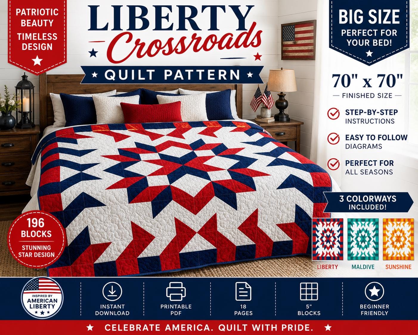 Liberty Crossroads Quilt Pattern | Patriotic Starburst HST Throw (70"x70") | 3 colorways (PDF Download)
