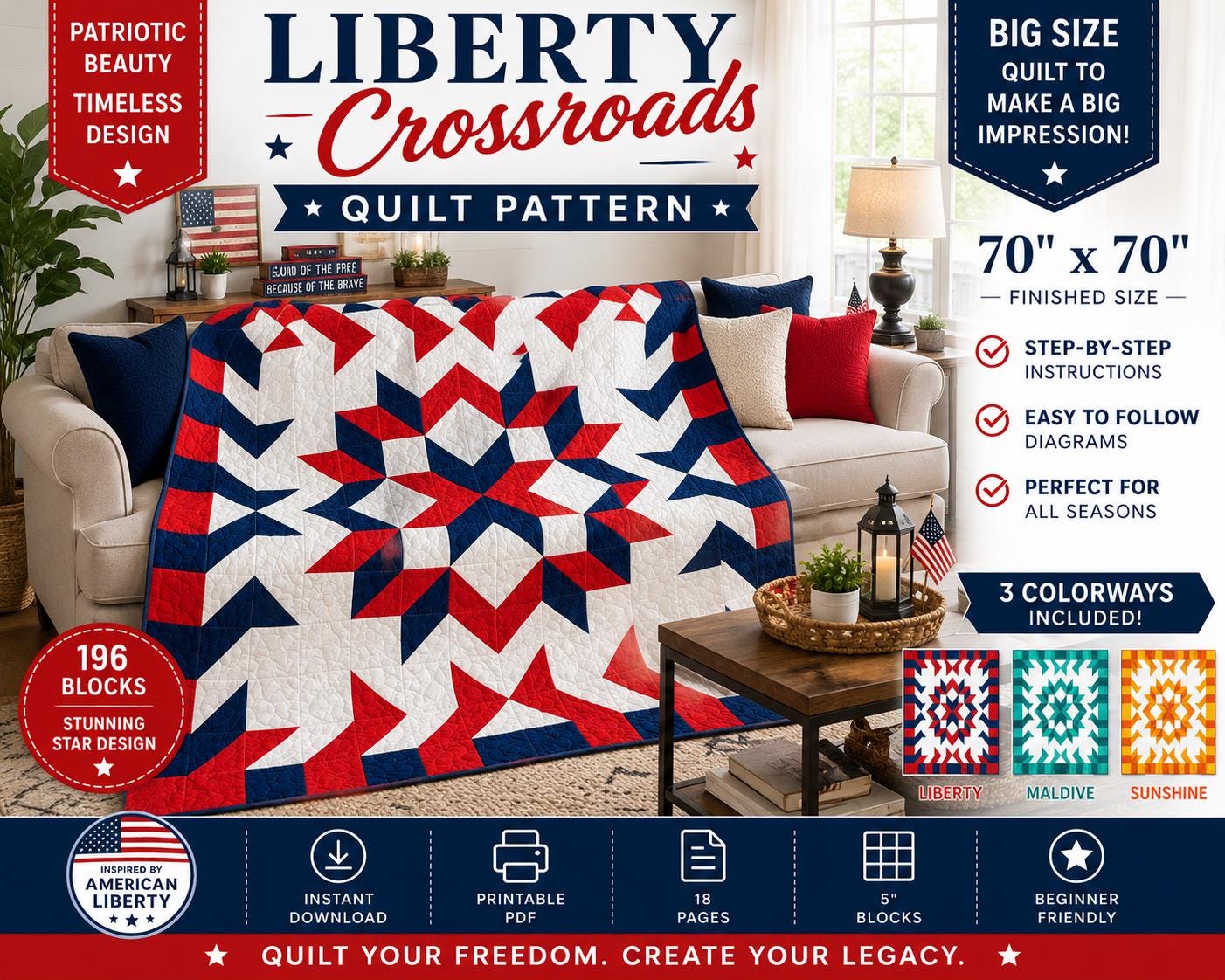 Liberty Crossroads Quilt Pattern | Patriotic Starburst HST Throw (70"x70") | 3 colorways (PDF Download) - Image 6
