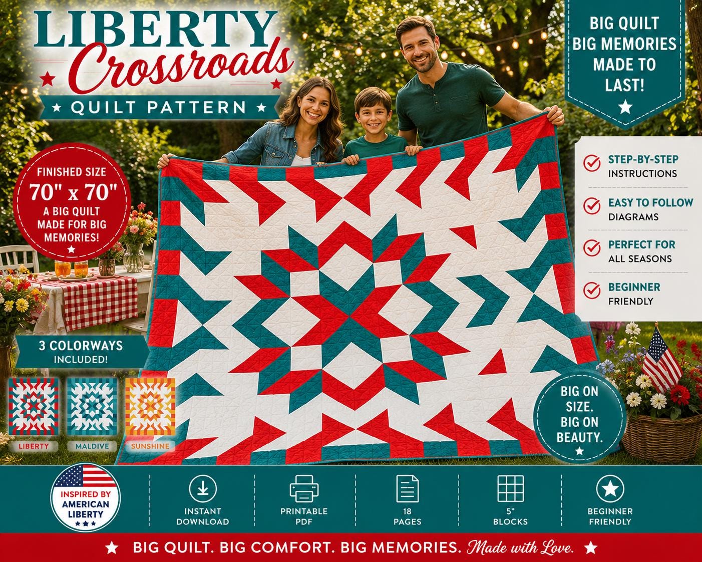 Crossroads Star Quilt Pattern, Modern Geometric Throw, 70" x 70" Patchwork, Beginner Friendly PDF - Image 14