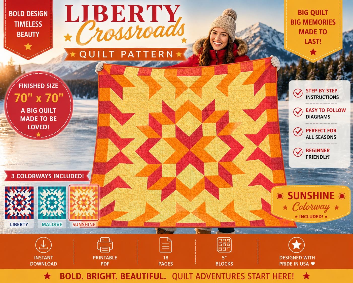 Crossroads Star Quilt Pattern, Modern Geometric Throw, 70" x 70" Patchwork, Beginner Friendly PDF - Image 17